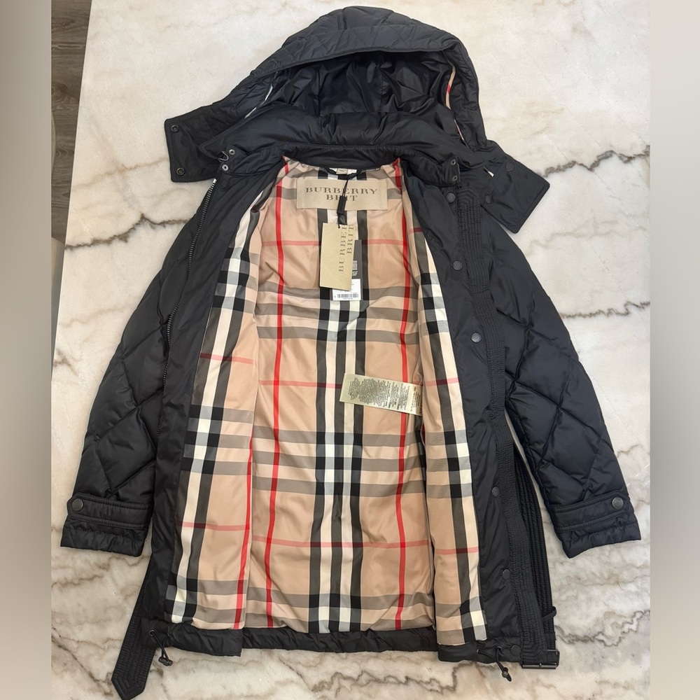 NWT Burberry Brit Black Puffer Coat with removable hood/belt